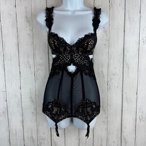 Victoria's Secret Black Lace Sheer Corset Bustier Cut-Out Lingerie Garter 34B